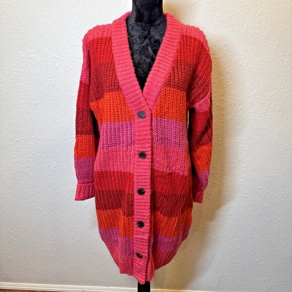 Farm Rio Striped Maxi Cardigan Red Pink Button Ribbed Acrylic Monochrome Medium - Picture 1 of 15